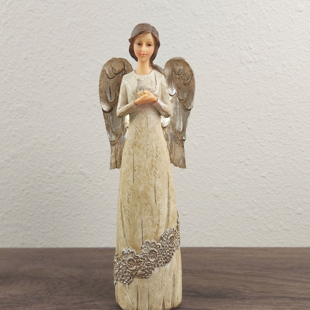 Vintage Style Angel Figurine Gold Wings Lace Trim Holding Dove 10" Shabby Chic